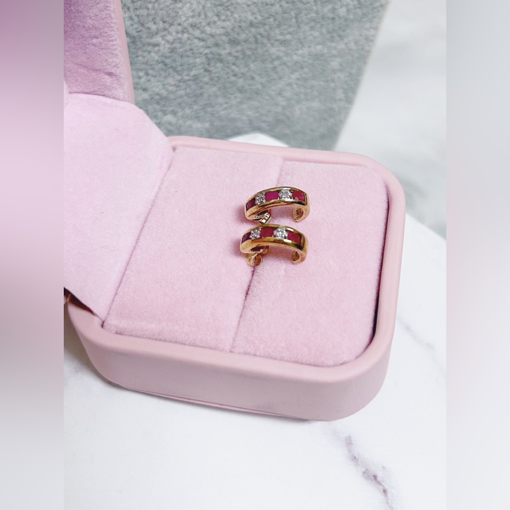 10k Solid Gold Ruby & Diamond J Style Huggie Earr… - image 6